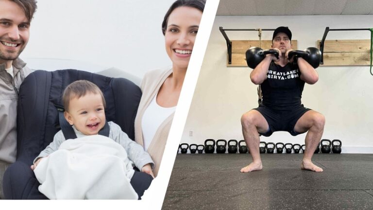 couple carrying baby car in a car seat; double kettlebell front squat