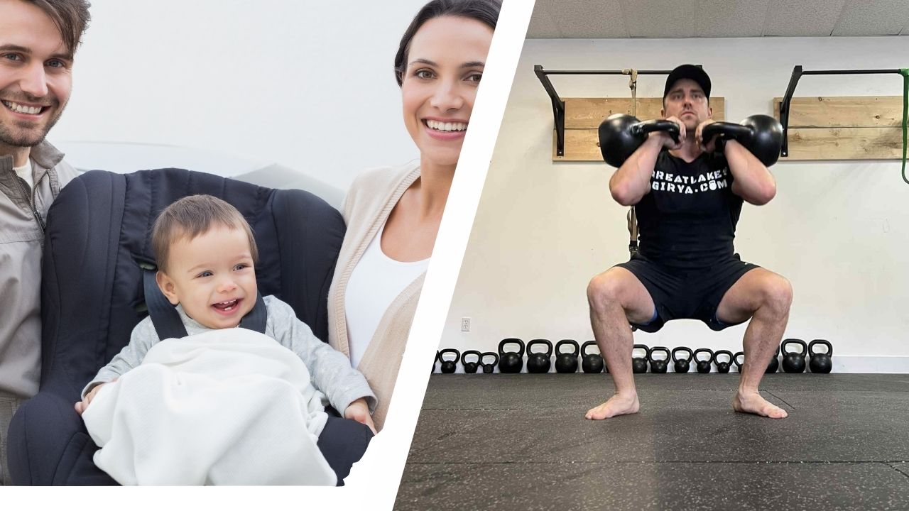 couple carrying baby car in a car seat; double kettlebell front squat