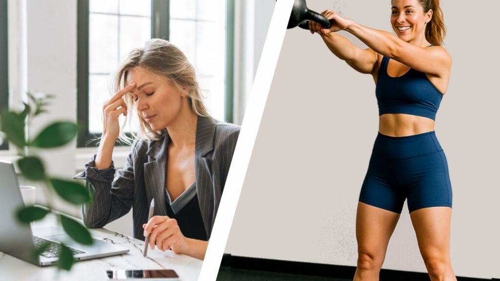 tired woman working at a desk versus energetic woman doing a kettlebell swing